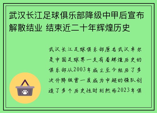 武汉长江足球俱乐部降级中甲后宣布解散结业 结束近二十年辉煌历史